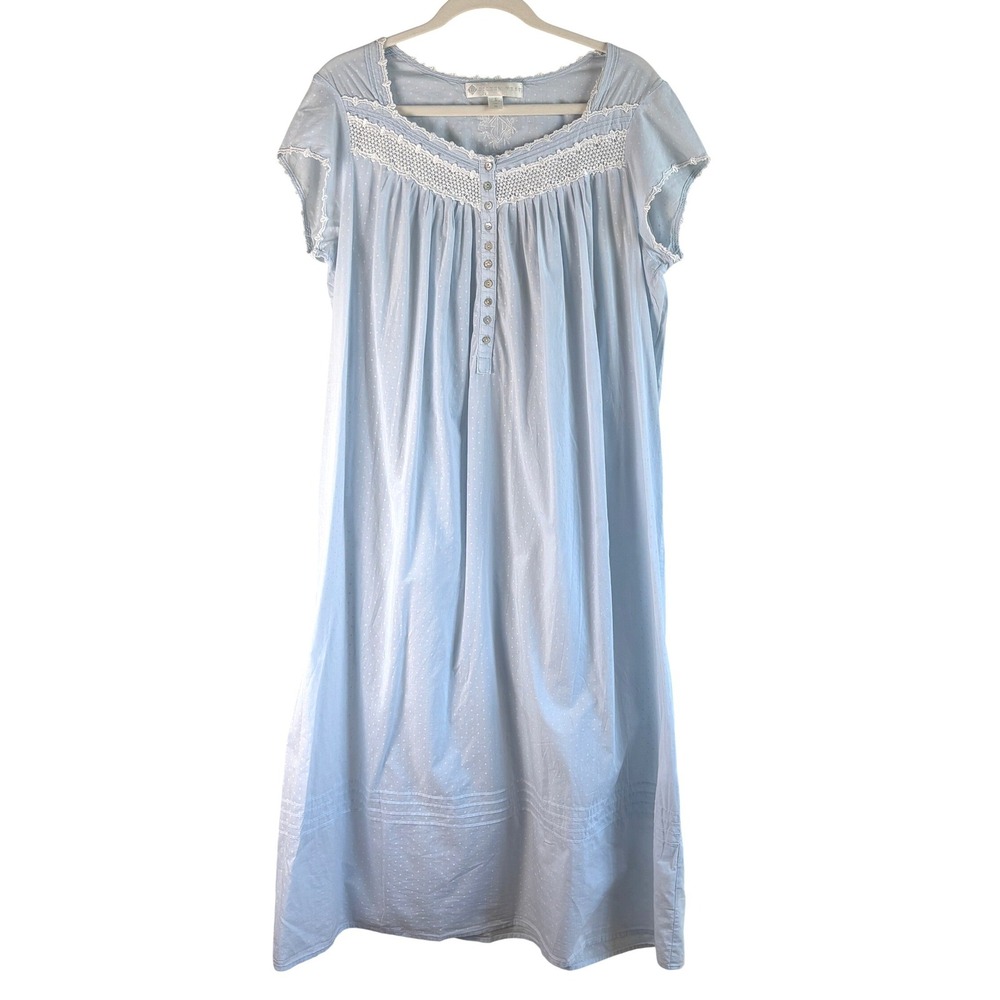 Eileen West Nightgown Blue Women Size M Cotton Lace Trim Swiss Dot Sleep Dress